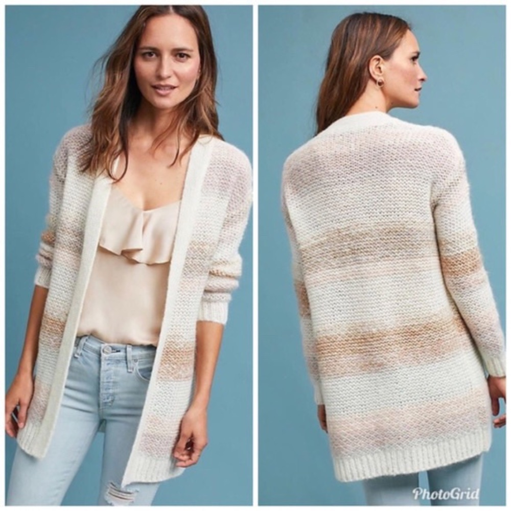 Anthropologie Numph Cardigan Metallic Stripe Beige open front